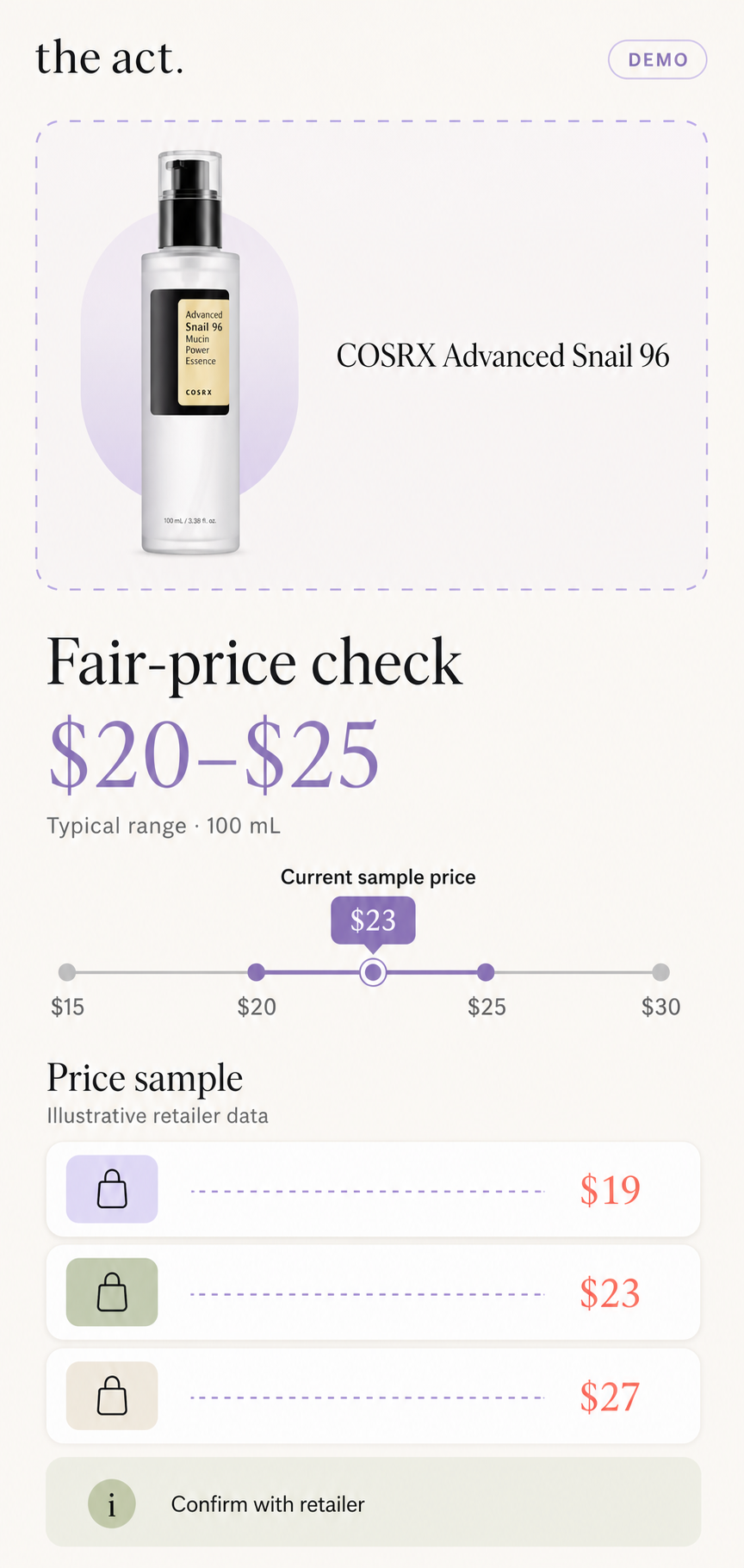 Phone screenshot showing a demo fair-price range for a beauty product