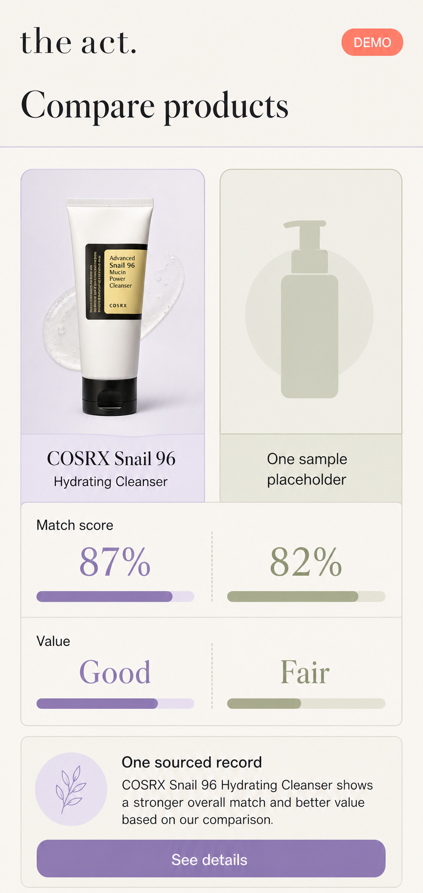 Phone screenshot showing a demo side-by-side product match and value comparison